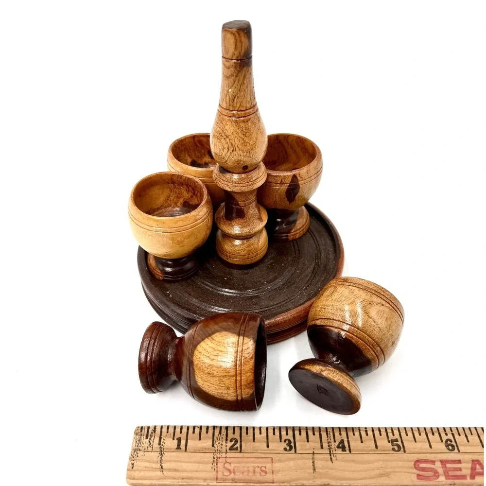 Vintage Hand Turned Wood Shot Glass Set 6 Cups with Round Caddy Tray Brown MCM‎